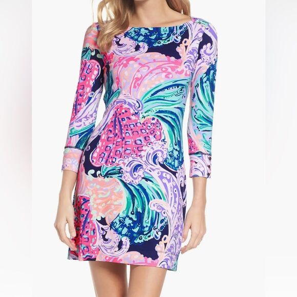 Lilly Pulitzer Womens XS seashell waves blue & pink Sophie UPF 50+ Dress - Picture 1 of 8